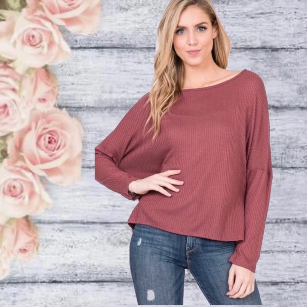 WAFFLE KNIT TOP RED BEAN